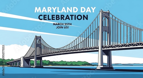 Vector illustration of Chesapeake Bay Bridge, bold headline “Maryland Day Celebration”