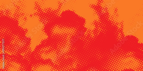 Vibrant orange and red halftone background, retro pop art dots pattern for comic book style, energetic abstract gradient texture for posters and banners.