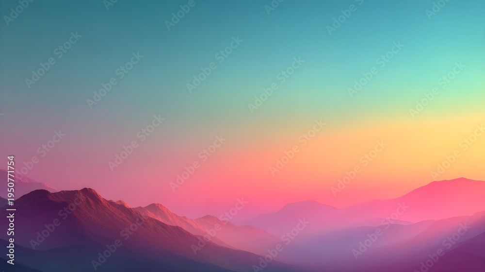 Fototapeta premium Vibrant and colorful mountain landscape at sunset with a gradient sky of teal, yellow, pink, and purple hues, creating a serene and ethereal atmosphere.