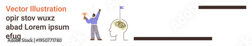 Education, personal growth, neuroscience, success, goal setting, brain health. Graphic of a person with a flag and a head with a highlighted brain. Education and personal growth
