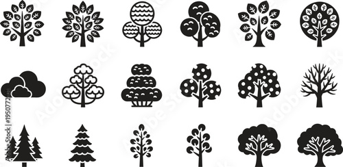 Black tree icons, nature plant silhouettes, forest park garden elements, organic vegetation symbols, environmental landscape greenery