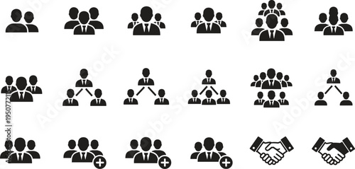 Business team icons, corporate personnel silhouettes, management hierarchy symbols, partnership handshakes, professional people group