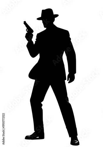 Secret Agent Standing with Gun and Fedora Noir Silhouette Illustration