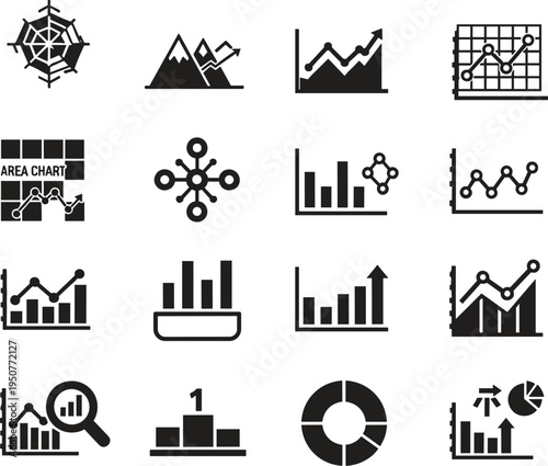 Data analysis icons, business chart silhouettes, infographic statistics symbols, financial report graphics, bar and line graph elements, marketing analytics
