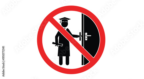 Flat design illustration of a person wearing a graduation cap and gown opening a door, prohibited by a red circle with a line through it.