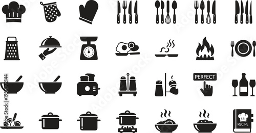 Kitchen tool icons, cooking equipment silhouettes, restaurant chef utensils, culinary food preparation symbols, bakery appliance graphics, restaurant dining