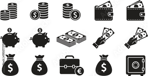 Money and finance icons, currency coin stacks and wallet silhouettes, banking piggy bank symbols, cash payment and savings, investment wealth briefcase