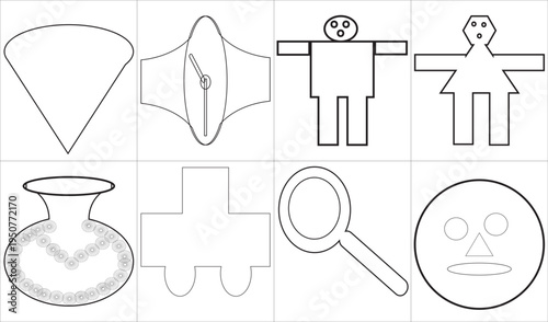 Set of simple geometric shapes and objects outline drawing for kids learning worksheet, educational line art illustration