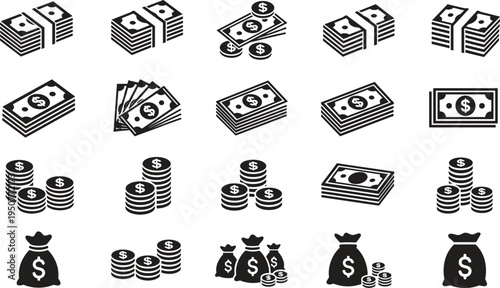 Money cash icons, dollar bill stacks and coin silhouettes, financial wealth currency symbols, banking profit and savings, investment growth bags