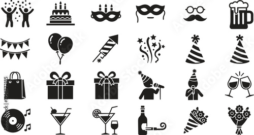 Party Icons for Celebration, Birthday, Anniversary, Event, Holiday, Nightclub, Festive Elements, Champagne, Gifts, Cake, Music, Balloons, Drinks, Fun, Nightlife.