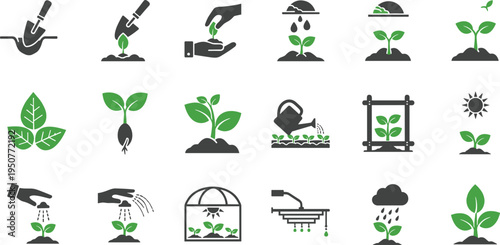 Planting and growth icons featuring gardening tools, watering seedlings, sprouts in soil, greenhouse cultivation