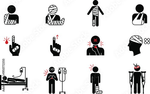 Solid silhouette vector injury icons featuring broken arm sling, head bandage, leg cast, hospital patient, crutches, and first aid,