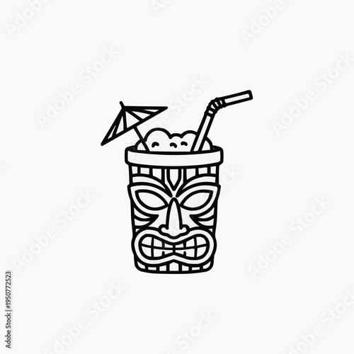 Tiki mug with cocktail and straw topped with umbrella and ice  
