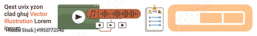 User interface design, audio controls, multimedia platforms, digital tools, content creation, web development. Icons include video player, sound wave bar playlist and progress bar. User interface