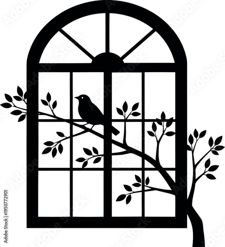 Black silhouette bird sitting on tree branch through arched window