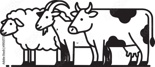 Black and white illustration of a cow and sheep standing together