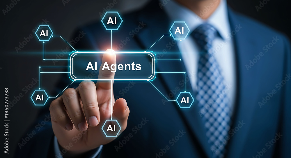 Obraz premium Businessman touching AI Agents button on virtual interface with neural network