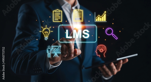 Businessman using LMS Learning Management System for digital education and training