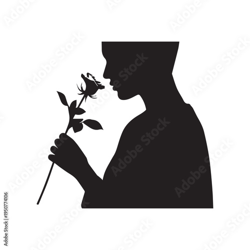 A detailed profile silhouette of a person gently smelling a beautiful rose flower.