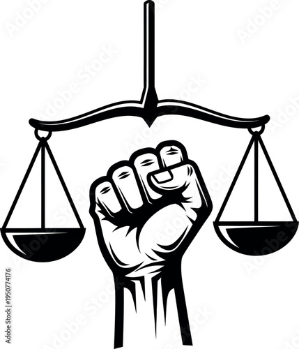 Black and white illustration of a clenched fist holding up scales of justice