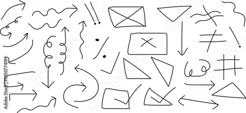 A collection of hand drawn arrows and geometric shapes on a white background