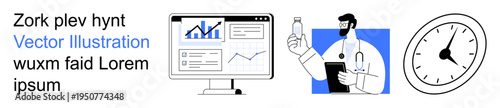 Data analysis, healthcare, business growth, time management, medical research, productivity. Image includes a monitor with graphs, doctor holding a bottle and a clock. Data analysis and healthcare