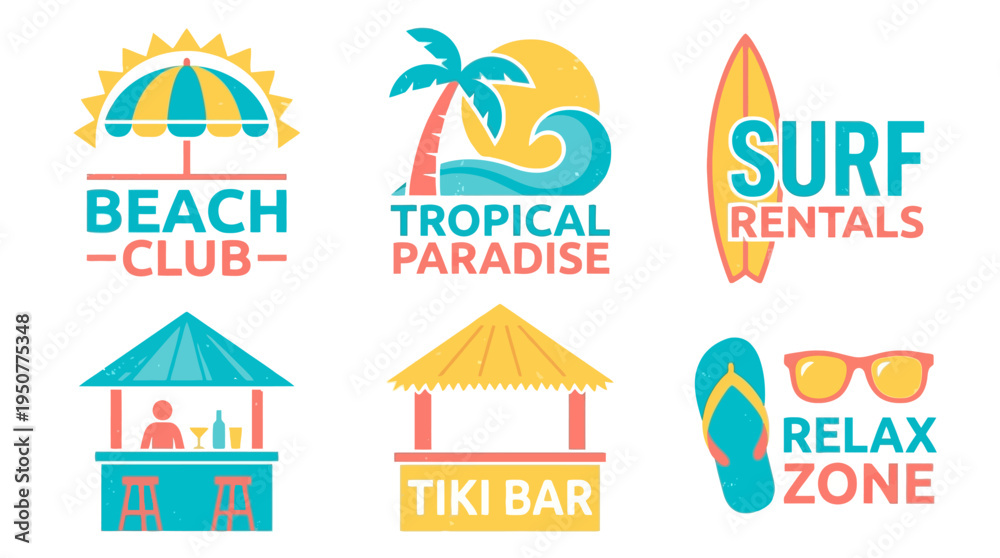 Fototapeta premium Set of Colorful Beach and Tropical Paradise Logos and Emblems. Vector Illustrations. EPS Editable
