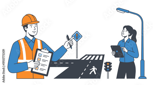 Road Safety Inspection Engineers Assessing Urban Infrastructure for Pedestrian and Traffic Management. Vector Illustrations. EPS Editable