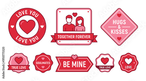 Romantic Pink Heart Stamp Set for Love Messages. Vector Illustrations. EPS Editable