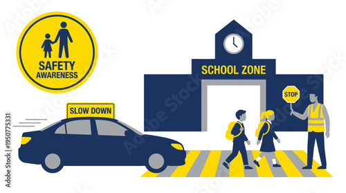 School Zone Safety Awareness with Children Crossing Road and Car Slowing Down. Vector Illustrations. EPS Editable