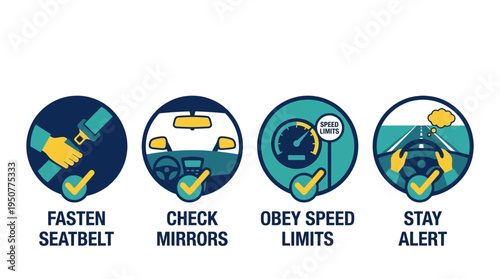 Safety Reminder Icons For Vehicle Operation. Vector Illustrations. EPS Editable