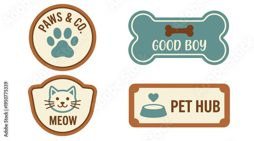 Set of four charming petthemed badges and labels for animal lovers and pet businesses. Vector Illustrations. EPS Editable