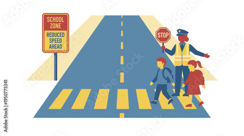 School Crossing Guard Safely Guides Children Across Busy Road. Vector Illustrations. EPS Editable