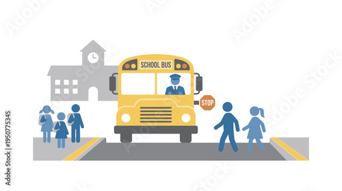 School Bus Crossing Children At Crosswalk In Morning Urban Scene. Vector Illustrations. EPS Editable