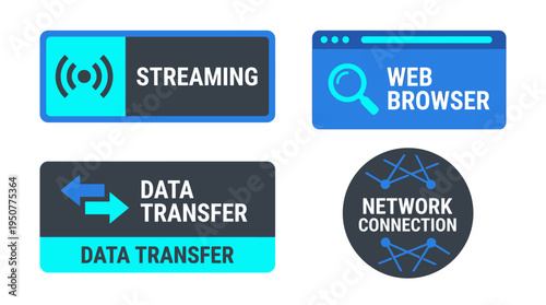 Set of four internet and network related icons including streaming web browser data transfer and network connection. Vector Illustrations. EPS Editable