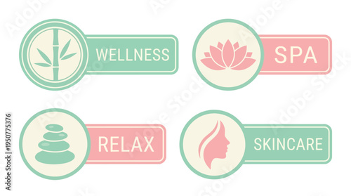 Set of four wellness and spa themed labels with icons and text for relaxation and skincare. Vector Illustrations. EPS Editable