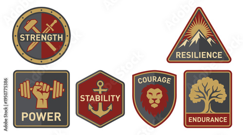 Set of Six Military Style Patches Representing Strength Resilience Power Stability Courage and Endurance. Vector Illustrations. EPS Editable