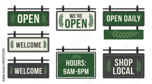 Set of six vintage shop signs with various messages for business promotion. Vector Illustrations. EPS Editable