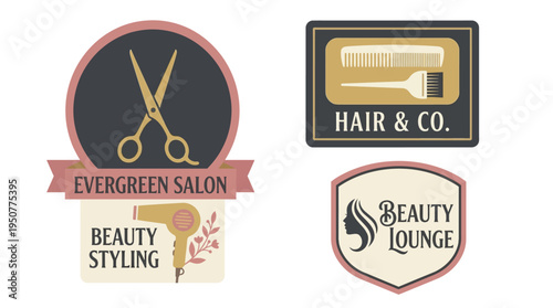 Set of three distinct beauty salon and hair studio logos. Vector Illustrations. EPS Editable