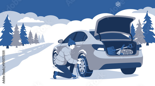 Winter Car Breakdown Repair in Snowy Forest Landscape. Vector Illustrations. EPS Editable