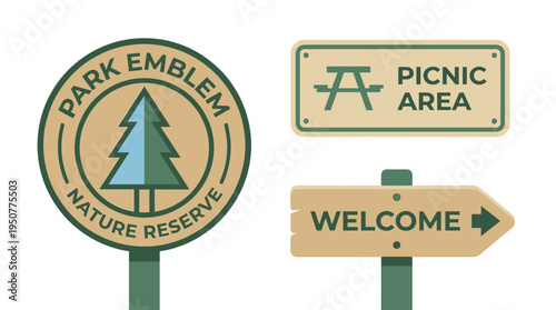Wooden Park and Picnic Area Signs with Nature Reserve Emblem. Vector Illustrations. EPS Editable
