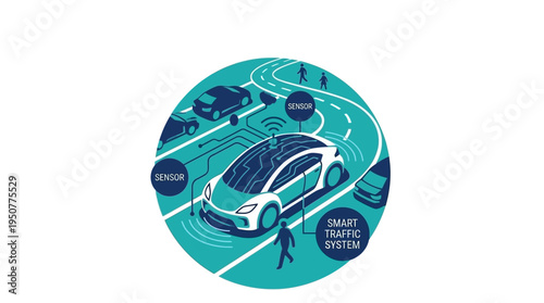 Autonomous Smart Traffic System with SelfDriving Cars on a Modern Road Network. Vector Illustrations. EPS Editable