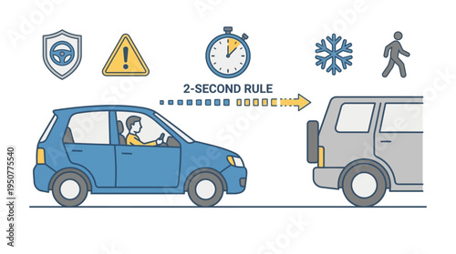 Blue Car Collision On Road With Tow Truck And Safety Signs. Vector Illustrations. EPS Editable