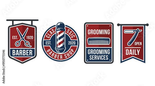 Barber Shop and Grooming Services Vintage Emblems Set. Vector Illustrations. EPS Editable