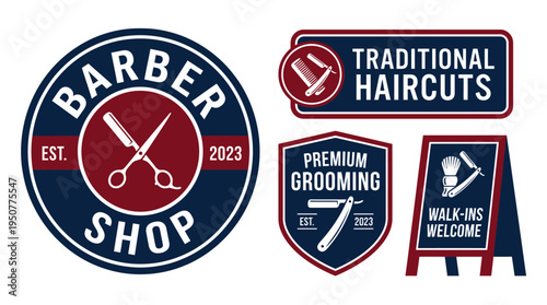 Barber Shop Emblems and Signs Set for Traditional Haircuts and Premium Grooming Services. Vector Illustrations. EPS Editable