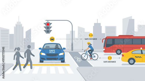 Busy urban street scene with cars bus cyclists and pedestrians at a crosswalk. Vector Illustrations. EPS Editable