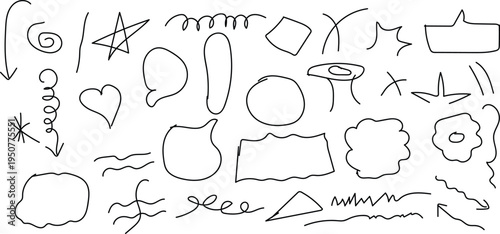 A collection of 25 unique hand drawn shapes and symbols