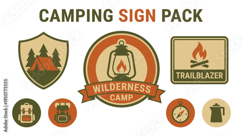 Camping Sign Pack Vector Illustration Set. Vector Illustrations. EPS Editable