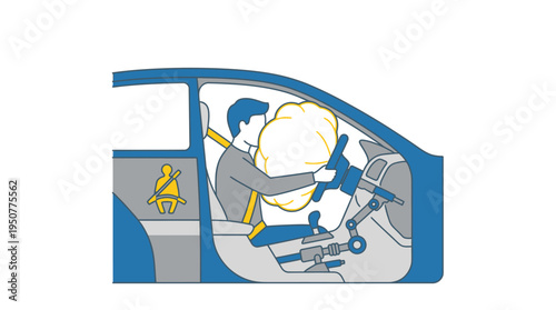 Car Safety System with Airbag Deployment and Seatbelt Use During a Collision. Vector Illustrations. EPS Editable
