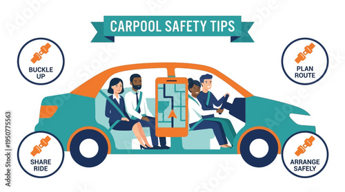Carpool Safety Tips Infographic with Diverse Group of People Sharing a Ride. Vector Illustrations. EPS Editable